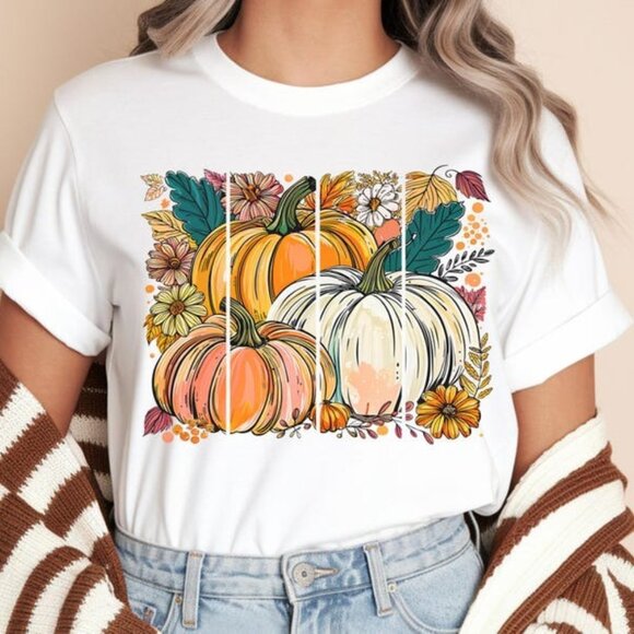 Tops - Fall Pumpkin Floral T-Shirt, Autumn Harvest Graphic Tee